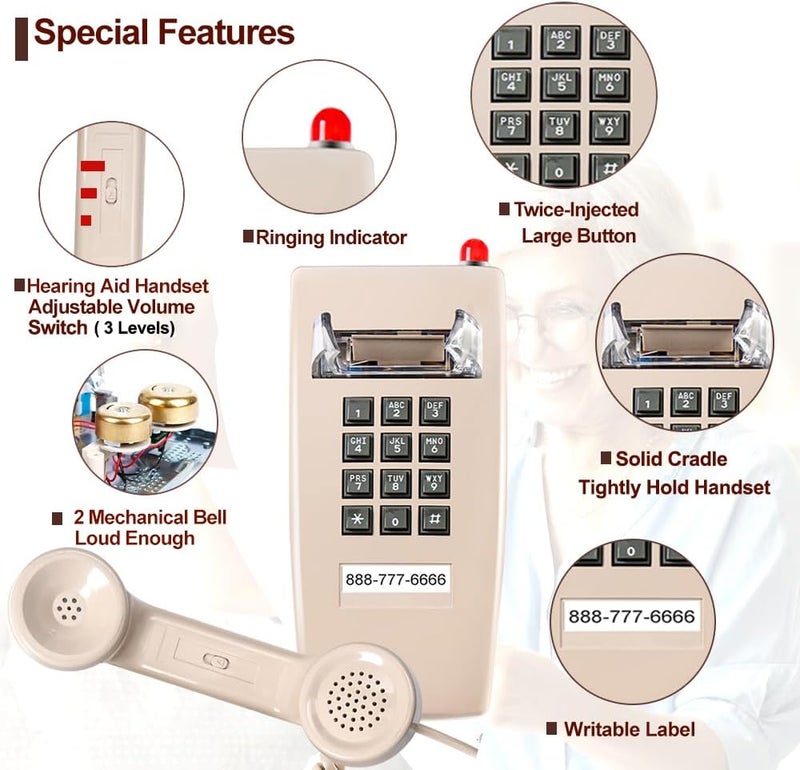 HTMengt Traditional Wall Phone Metal Bell,Classic 2554 Wall Telephone (Hearing Aid Compatible),Retro Wall Phone for Landline Visible Ringing Indicator, Old Wall Mount Telephone for Kitchen,Home,Beige - Image 1